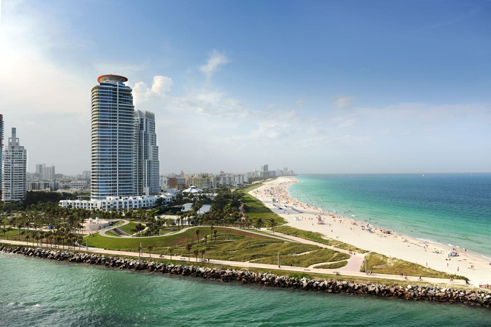 Aerial view of the Miami coastline, beaches and skyline